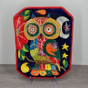 La Ceramica De Juan Hand Painted Tray Made In Spain Multicolor Owl Moon Stars